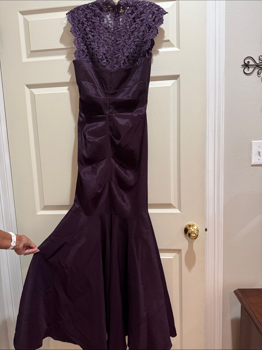 Xscape Deep Purple Lace-Cap Sleeve Mermaid Gown - Picture 4 of 5
